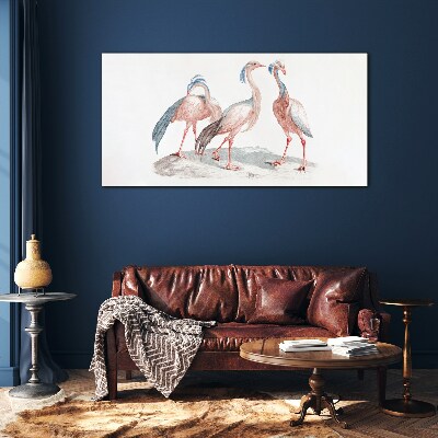 Three pink flamingos on a white background Wall art on glass