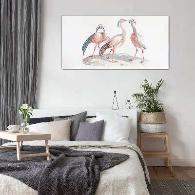 Three pink flamingos on a white background Wall art on glass