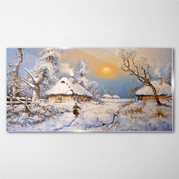 Winter rural landscape Wall art on glass