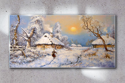 Winter rural landscape Wall art on glass