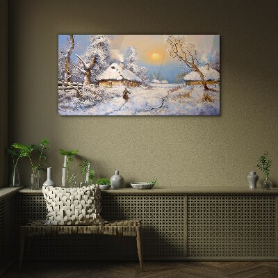 Winter rural landscape Wall art on glass