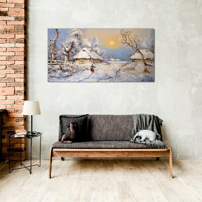 Winter rural landscape Wall art on glass