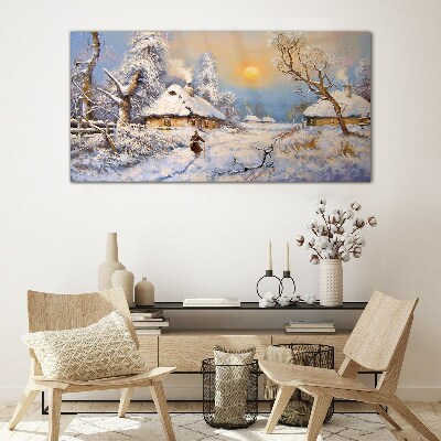 Winter rural landscape Wall art on glass