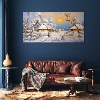Winter rural landscape Wall art on glass