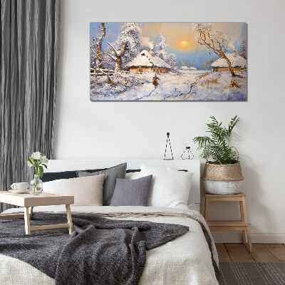 Winter rural landscape Wall art on glass
