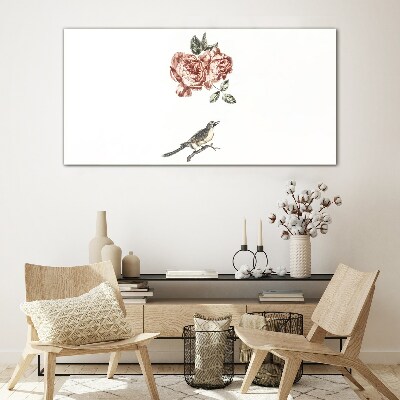 Bird and roses in harmony Wall art on glass