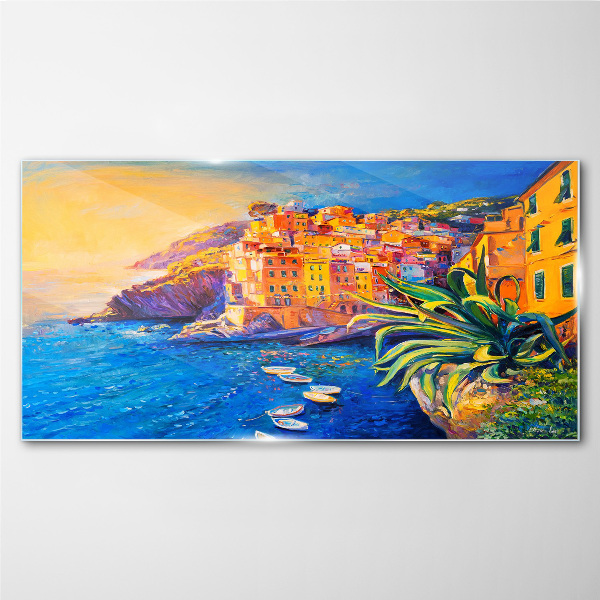A colorful town by the sea Wall art on glass