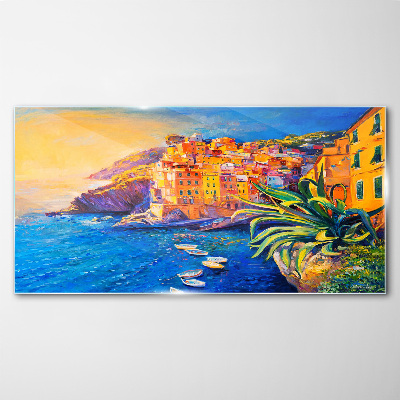 A colorful town by the sea Wall art on glass
