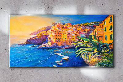 A colorful town by the sea Wall art on glass