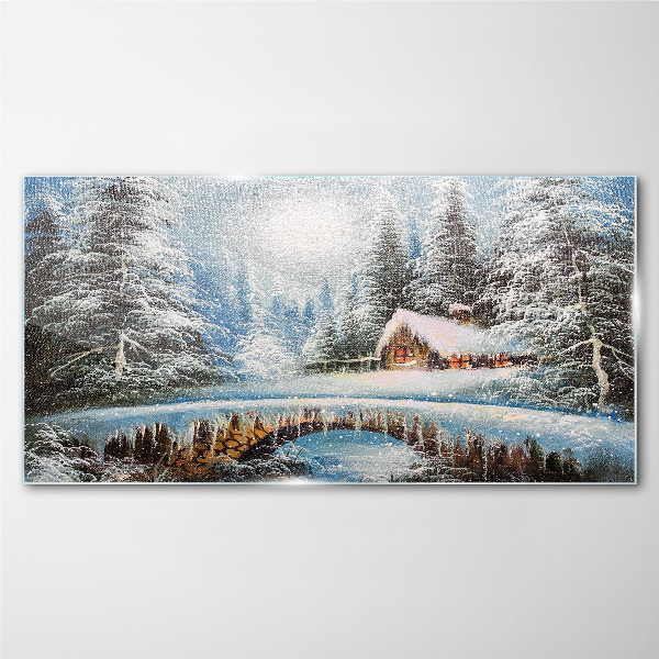 Winter landscape with a cottage in the forest Glass art print
