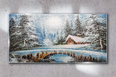 Winter landscape with a cottage in the forest Glass art print