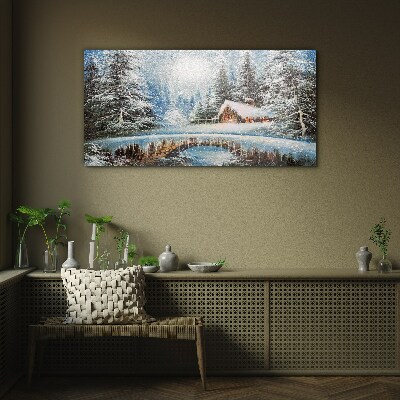 Winter landscape with a cottage in the forest Glass art print