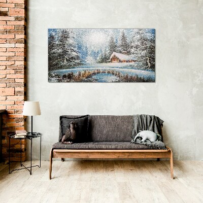 Winter landscape with a cottage in the forest Glass art print