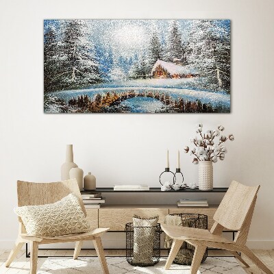 Winter landscape with a cottage in the forest Glass art print