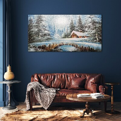 Winter landscape with a cottage in the forest Glass art print