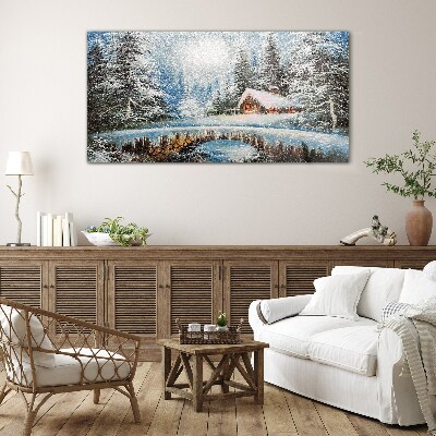 Winter landscape with a cottage in the forest Glass art print