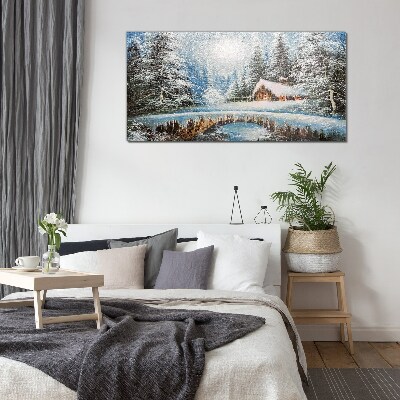 Winter landscape with a cottage in the forest Glass art print