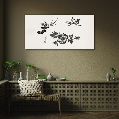 Birds and flowers in black and white Wall art on glass