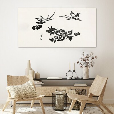 Birds and flowers in black and white Wall art on glass