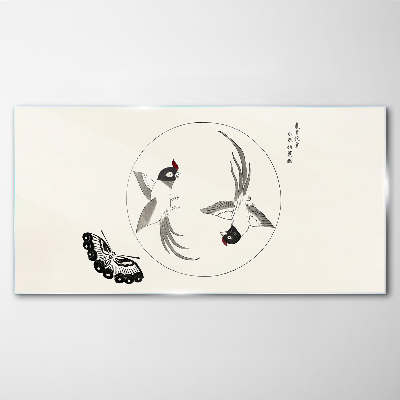 Dancing birds and butterfly Glass art print