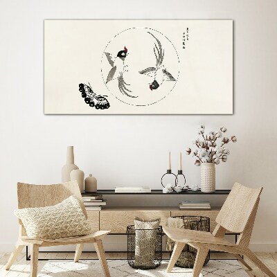 Dancing birds and butterfly Glass art print