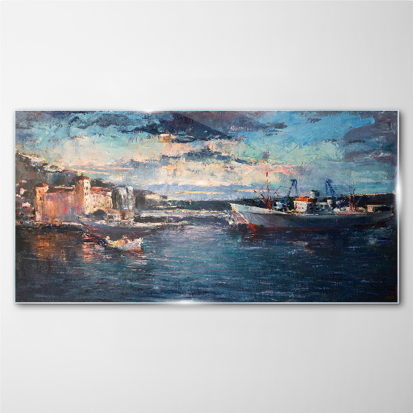 Port landscape at dusk Glass art print