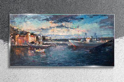 Port landscape at dusk Glass art print