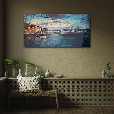 Port landscape at dusk Glass art print