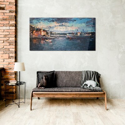 Port landscape at dusk Glass art print
