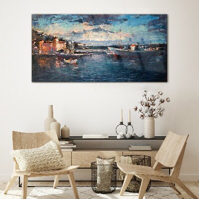 Port landscape at dusk Glass art print