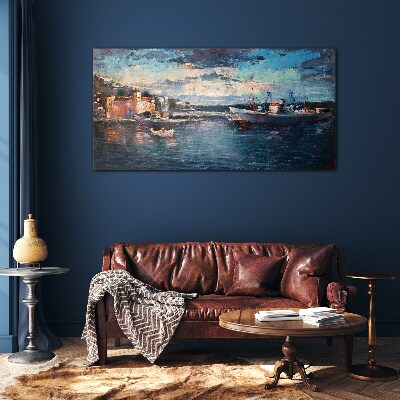 Port landscape at dusk Glass art print