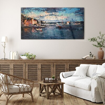 Port landscape at dusk Glass art print