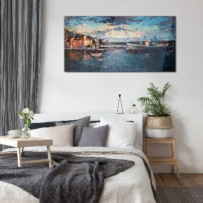 Port landscape at dusk Glass art print