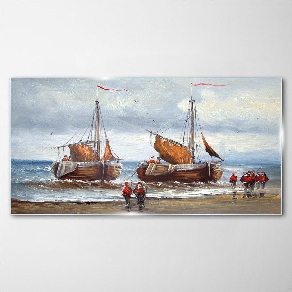 Clouds sea ship soldiers Glass Wall Art