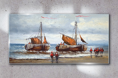 Clouds sea ship soldiers Glass Wall Art