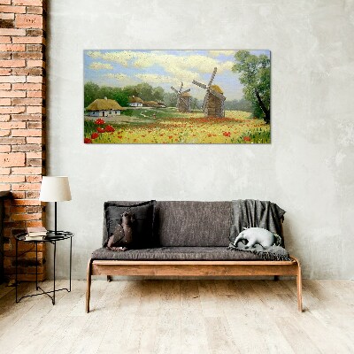 Village clouds flowers poppies Glass Wall Art