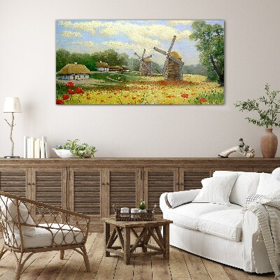 Village clouds flowers poppies Glass Wall Art