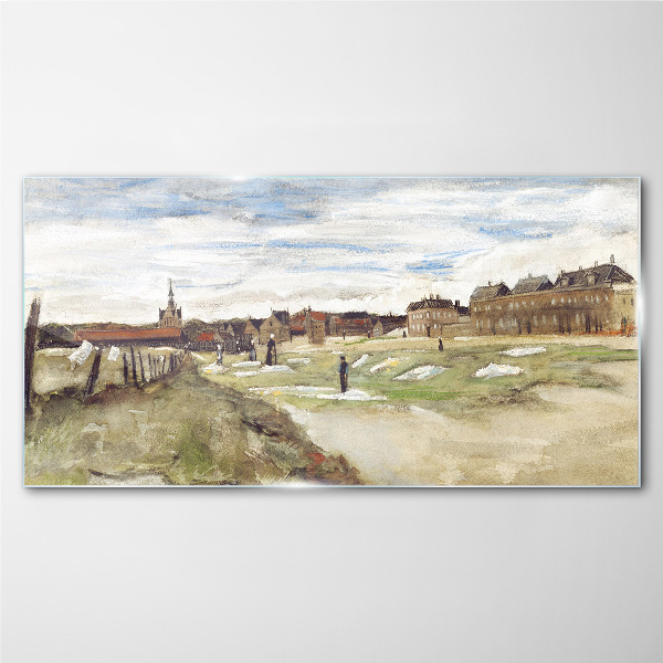 Landscape with figures against the background of the city Glass art print