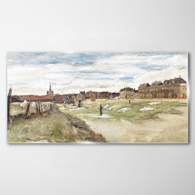 Landscape with figures against the background of the city Glass art print