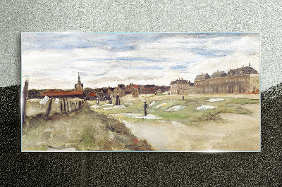 Landscape with figures against the background of the city Glass art print