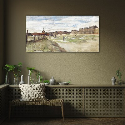 Landscape with figures against the background of the city Glass art print