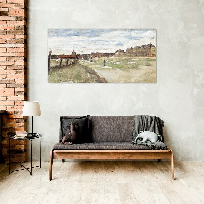 Landscape with figures against the background of the city Glass art print