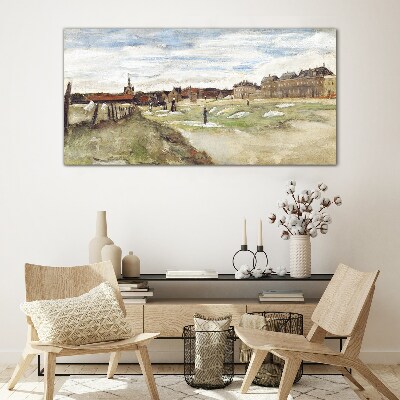 Landscape with figures against the background of the city Glass art print