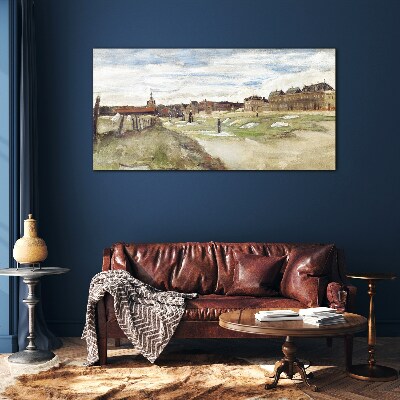 Landscape with figures against the background of the city Glass art print