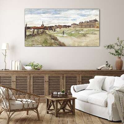 Landscape with figures against the background of the city Glass art print