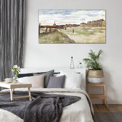 Landscape with figures against the background of the city Glass art print