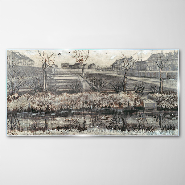 View of the village in winter Glass art print