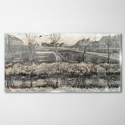 View of the village in winter Glass art print