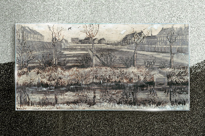 View of the village in winter Glass art print