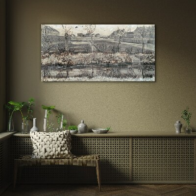 View of the village in winter Glass art print